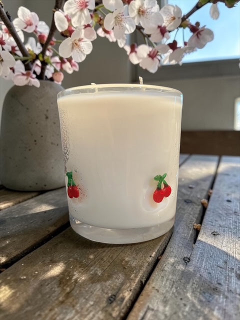 Blushing Cherry Blossom Scent with Cherries Pressed into the Glass