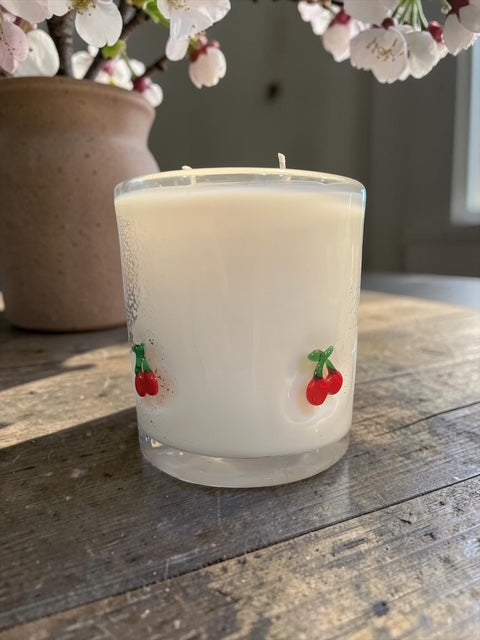 Blushing Cherry Blossom Scent with Cherries Pressed into the Glass