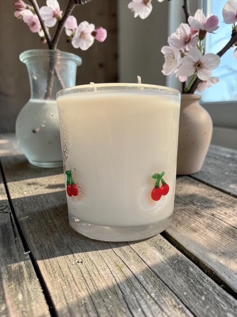 Blushing Cherry Blossom Scent with Cherries Pressed into the Glass