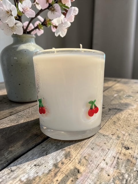 Blushing Cherry Blossom Scent with Cherries Pressed into the Glass